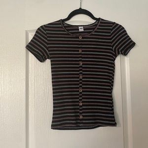 Old Navy, black shirt with pink and white stripes.